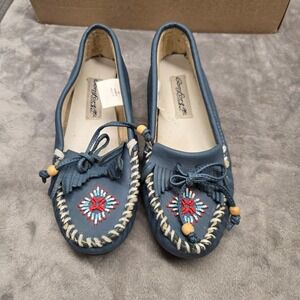 Comfort Ease Womens Blue Leather Beaded Moccasins Fringe Flats Shoes Size 7